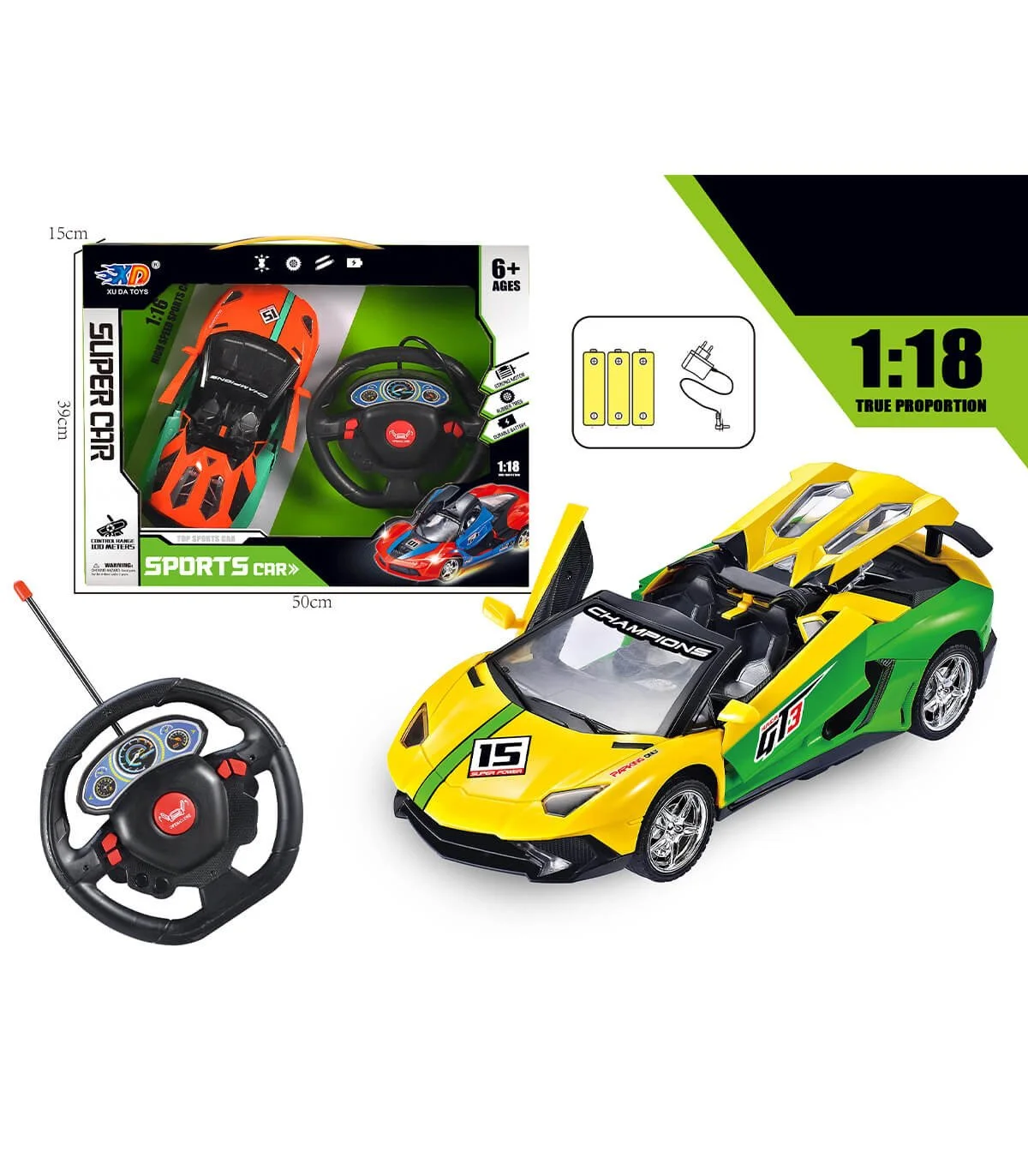 Детска спортна кола 1:18 с дистанционно и зарядно, отварящи се врати, 2 цвята - Оранжев