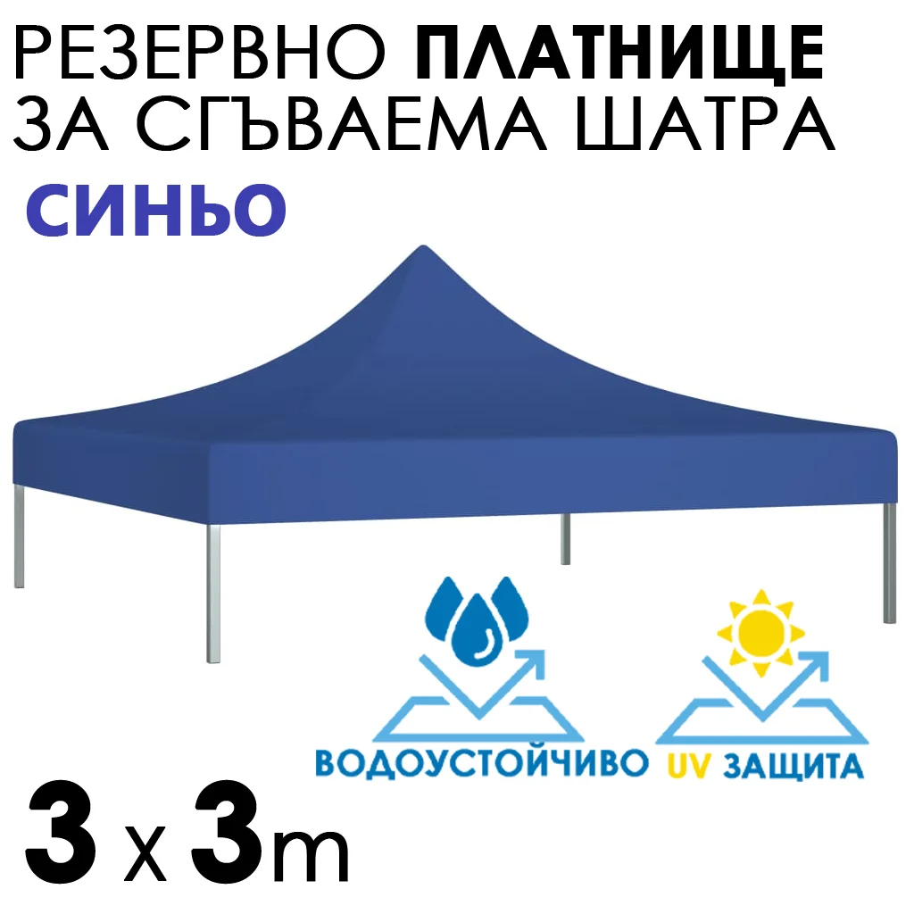 Синьо платнище за шатра 3×3 – Водоустойчиво и UV защитено покривало за градинска сгъваема тента
