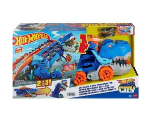 Hot Wheels - 2 в 1 Мега транспортьор с 2 колички или писта T-Rex със звук и светлини