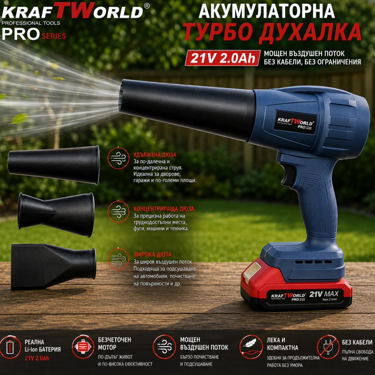 Акумулаторна турбо духалка KraftWorld PRO 21V с 3 приставки