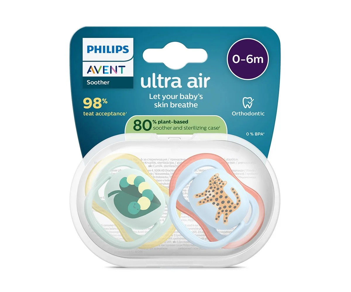 Avent-Залъгалки Ultra Air+стер. кутия (0-6м) леопард/гъсеница, син