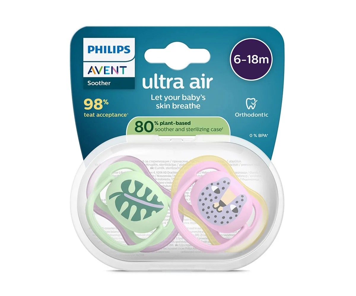 Avent-Залъгалки Ultra Air+стер. кутия (6-18м) листо/коте, момиче