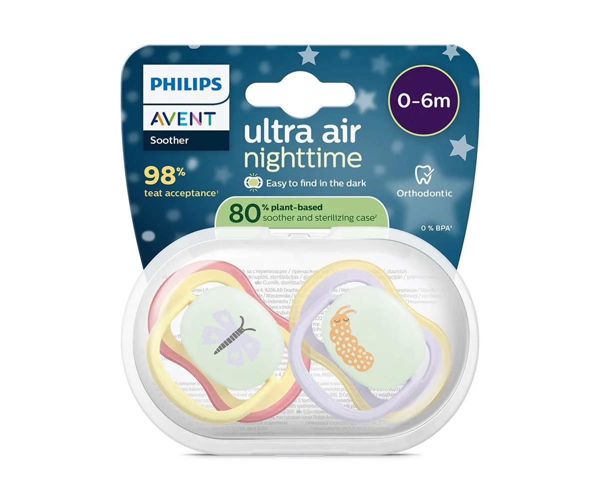 Avent-Залъгалки Ultra Air Night +стер. кутия (0-6м) пеперуда/гъсеница, розов