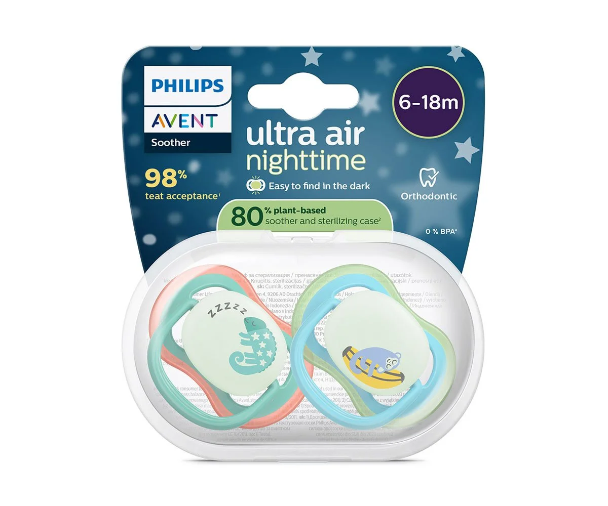 Avent-Залъгалки Ultra Air Night +стер. кутия (6-18м) хамелеон/маймунка, син