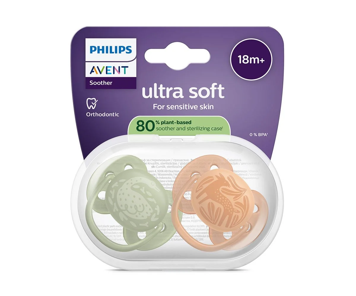 Avent-Залъгалки Ultra Soft+стер.кутия (18+м) сърна/гъска, оранж/зелен