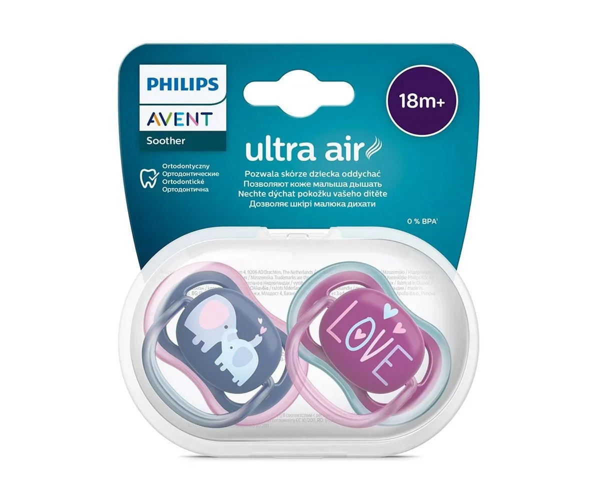 Avent-Залъгалки Ultra Air+стер. кутия (18+м) слонове/love - розово