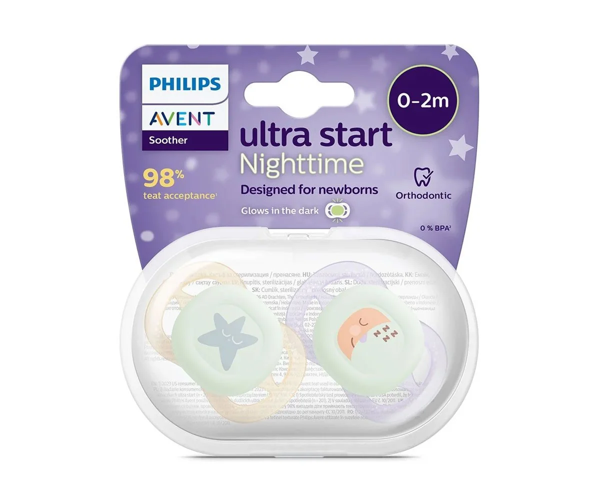 Avent-Залъгалки Ultra Start Night+стер. кутия (0-2м) луна/звезда оранж лилав
