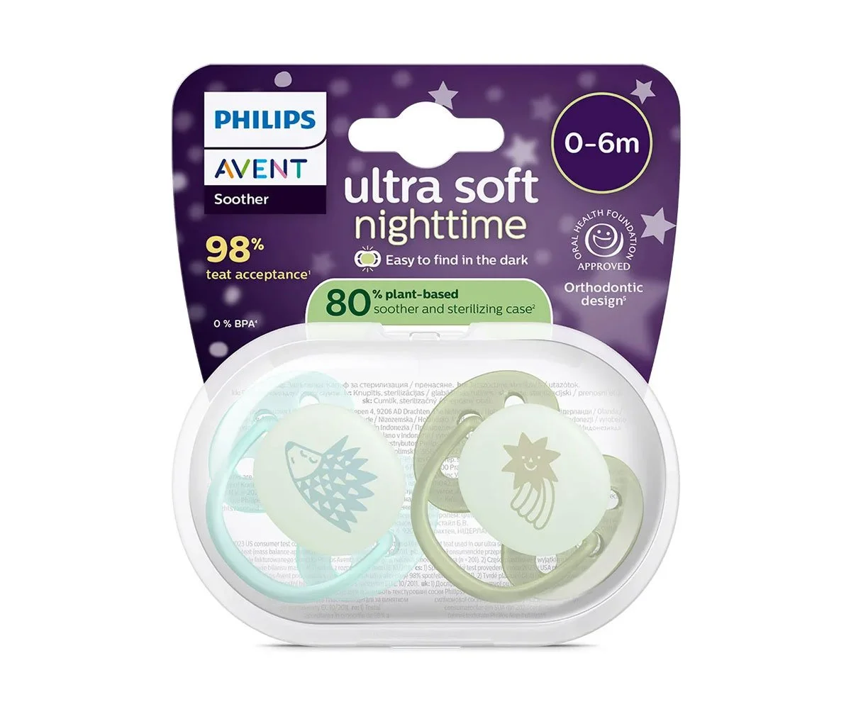 Avent-Залъгалки Ultra Soft Night+стер.кутия (0-6м) таралеж/звезда,момче