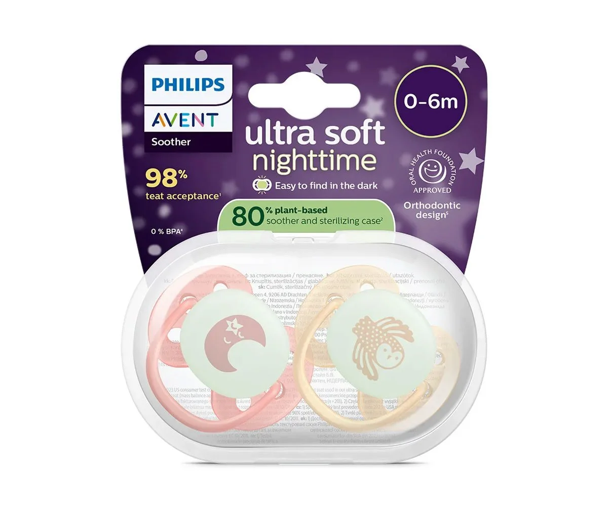 Avent-Залъгалки Ultra Soft Night+стер.кутия (0-6м) луна/сова, момиче