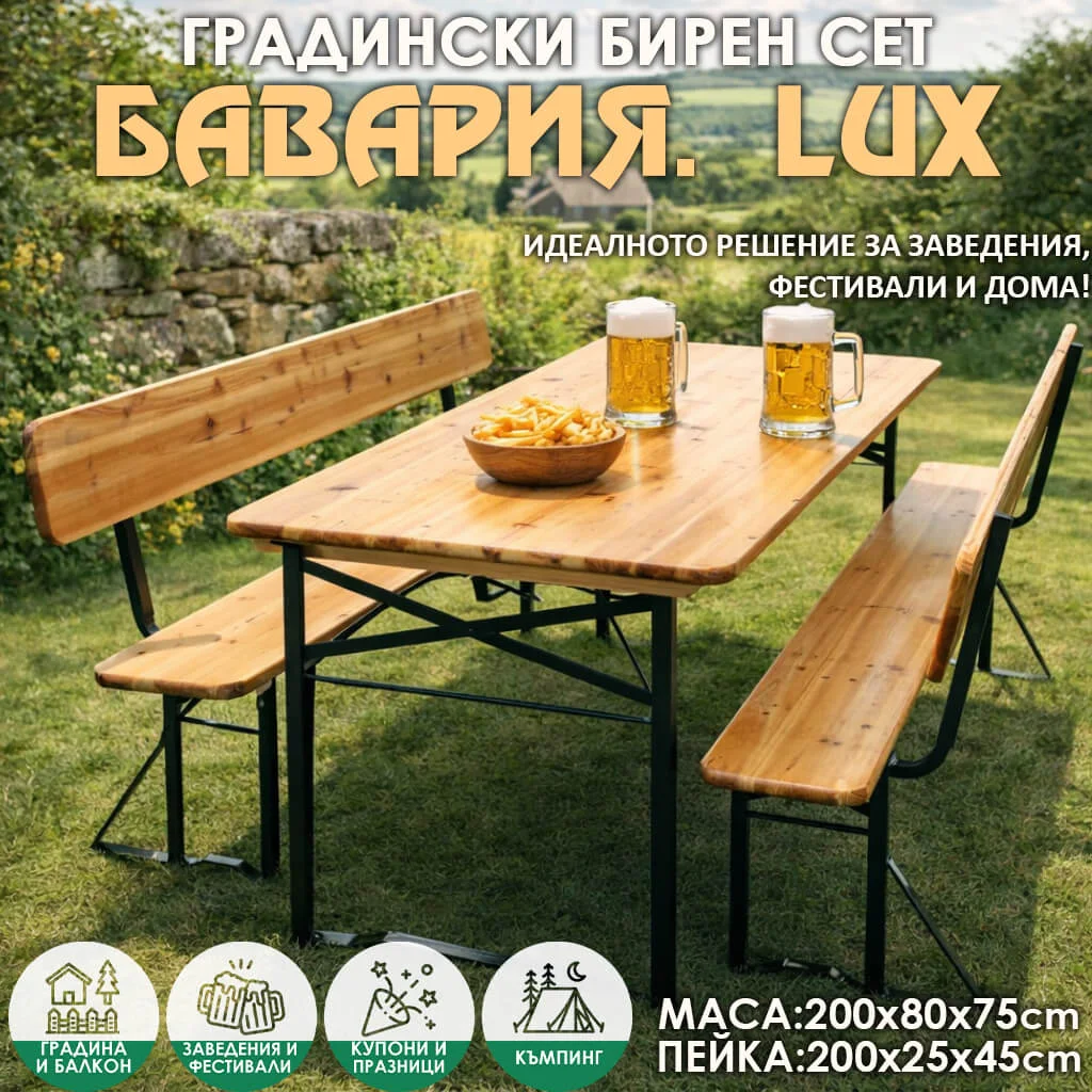 Градински бирен комплект Бавария Lux – маса и пейки с облегалки