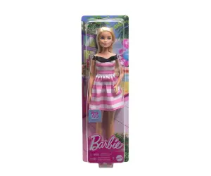 Barbie - Барби кукла 65-годишнина, рокля с бели и розови райета
