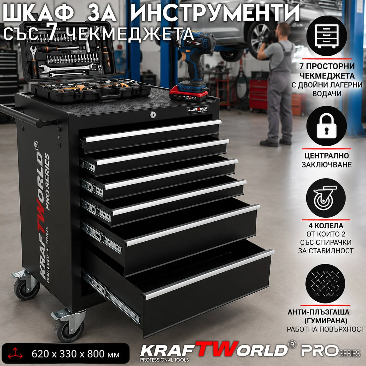 Професионална Количка за Инструменти KraftWorld – 7 Чекмеджета, Централно Заключване