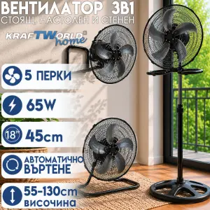 Вентилатор 3в1 KraftWorld Home 45см стоящ, настолен и стенен