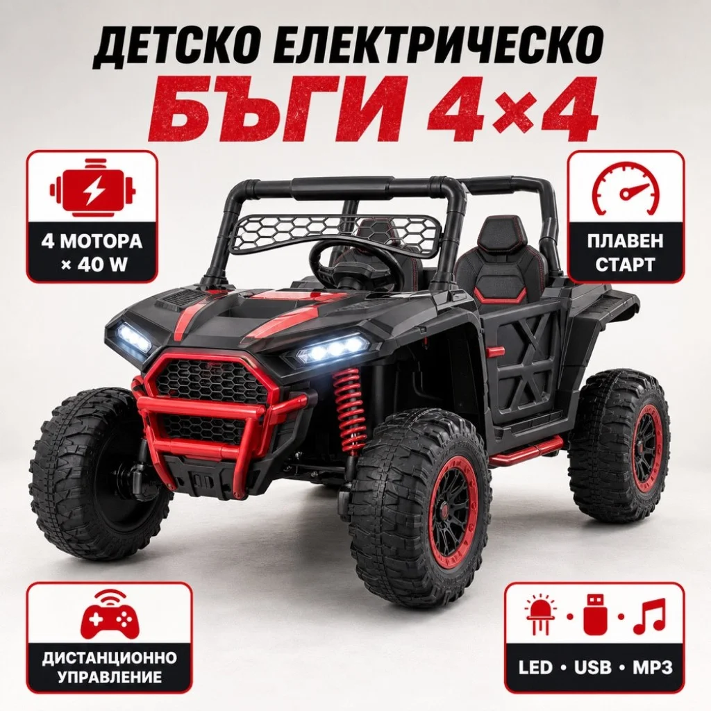 Детско електрическо бъги 4×4 с дистанционно, LED, USB и MP3 – 4 мотора — снимка 4