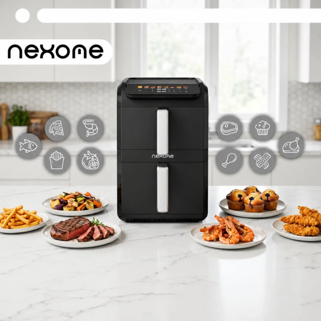 NexOne TwinFryer 11L – Двукамерен фритюрник с горещ въздух 2800W, две независими кошници, 8 програми и Sync функция — снимка 9