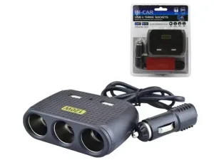 Троен разклонител за автомобилна запалка с 2 USB изхода