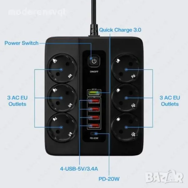Универсален разклонител с 6 гнезда 3.4А 4 USB Порта и 1 Type-c 3000W — снимка 2