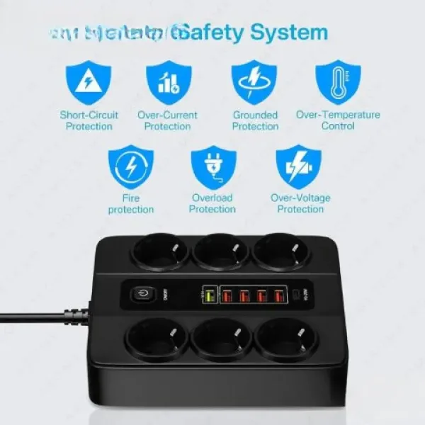 Универсален разклонител с 6 гнезда 3.4А 4 USB Порта и 1 Type-c 3000W — снимка 3