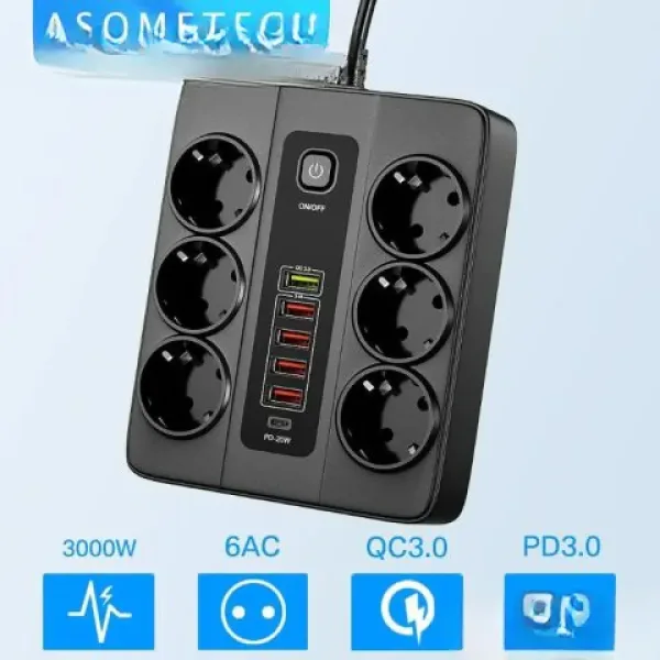 Универсален разклонител с 6 гнезда 3.4А 4 USB Порта и 1 Type-c 3000W — снимка 4