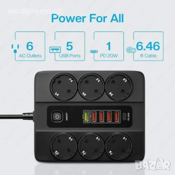 Универсален разклонител с 6 гнезда 3.4А 4 USB Порта и 1 Type-c 3000W — снимка 5