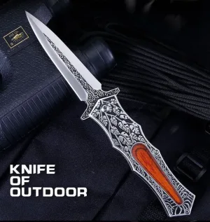 Сгъваем нож с гравирана дръжка и острие тип кама 95x230