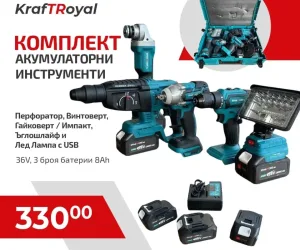 Акумулаторни инструменти KraftRoyal –Перфоратор, Винтоверт,Гайковерт / Импакт, Ъглошлайф и прожектор