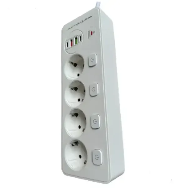 Удължител , защита от пренапрежение, 4 гнезда, 2 USB, 2 Type-C, 3250W, бял, 2 м — снимка 2