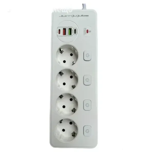 Удължител , защита от пренапрежение, 4 гнезда, 2 USB, 2 Type-C, 3250W, бял, 2 м — снимка 3