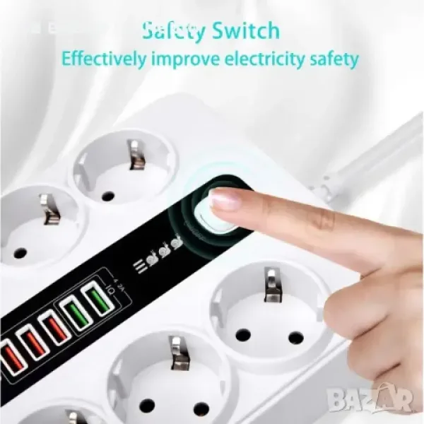Разклонител Sumker, 6 контакт, 5 USB, +1 C конектор, 220V, 3000W, 10A, бял — снимка 2