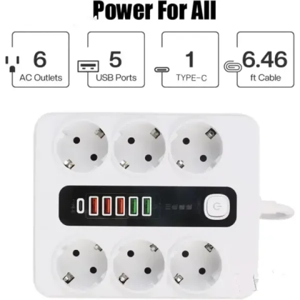 Разклонител Sumker, 6 контакт, 5 USB, +1 C конектор, 220V, 3000W, 10A, бял — снимка 3