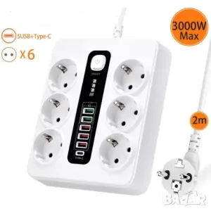 Разклонител Sumker, 6 контакт, 5 USB, +1 C конектор, 220V, 3000W, 10A, бял