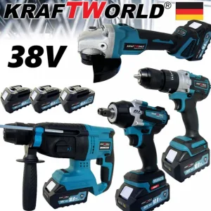 Комплект Немски Акумулаторни Безчеткови Машини 4в1 KrafTWorld 38V 10Ah Ъглошлайф,Гайковерт,Винтоверт и Перфоратор