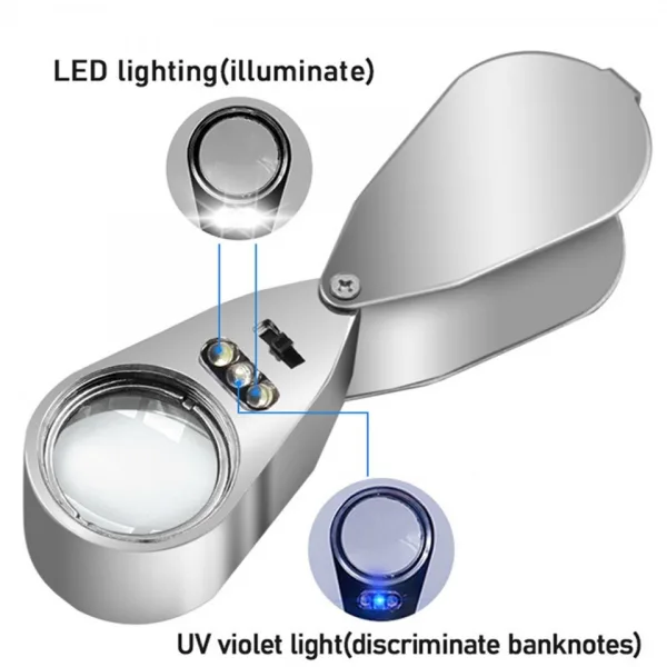 Мощна сгъваема метална лупа 40 x 25 mm LED/UV подсветка — снимка 5