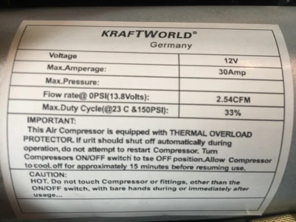 Компресор за гуми KRAFTWORLD двубутален двуцилиндров метален 12V 20A — снимка 4