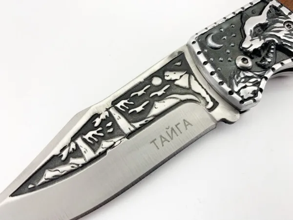 Руски сгъваем джобен нож с калъф”Тайга”/Вълк/ сталь 65х13 — снимка 4