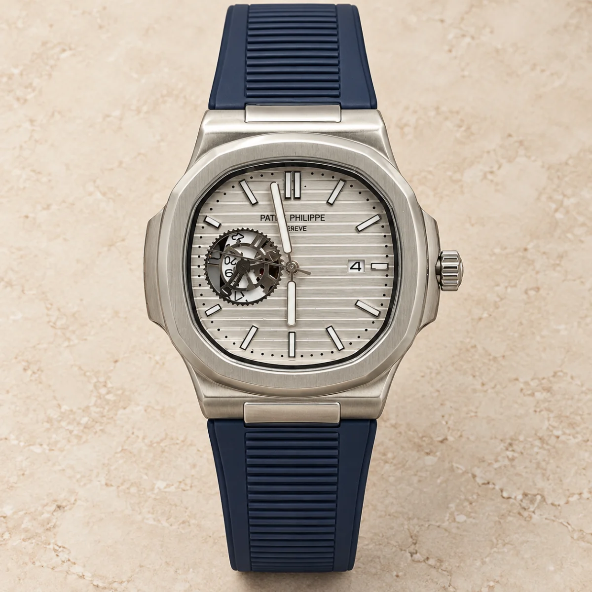 Мъжки Patek Philippe Nautilus Open Heart Silver Dial Blue Rubber #340