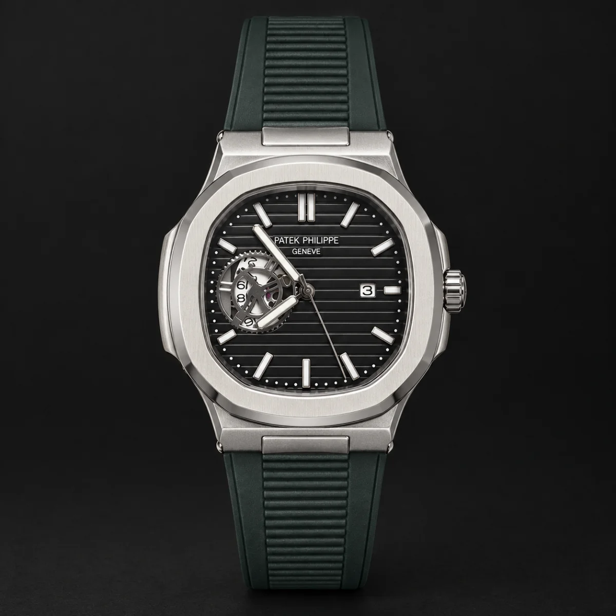 Мъжки Patek Philippe Nautilus Open Heart Black Dial Green Rubber #338