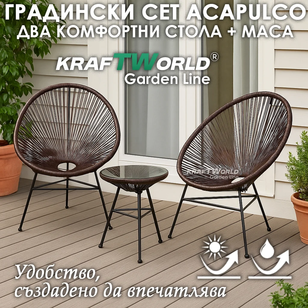 Луксозен Градиснки Комплект Acapulco – Два Кафяви Стола и Кръгла Маса от Ратан и Метал