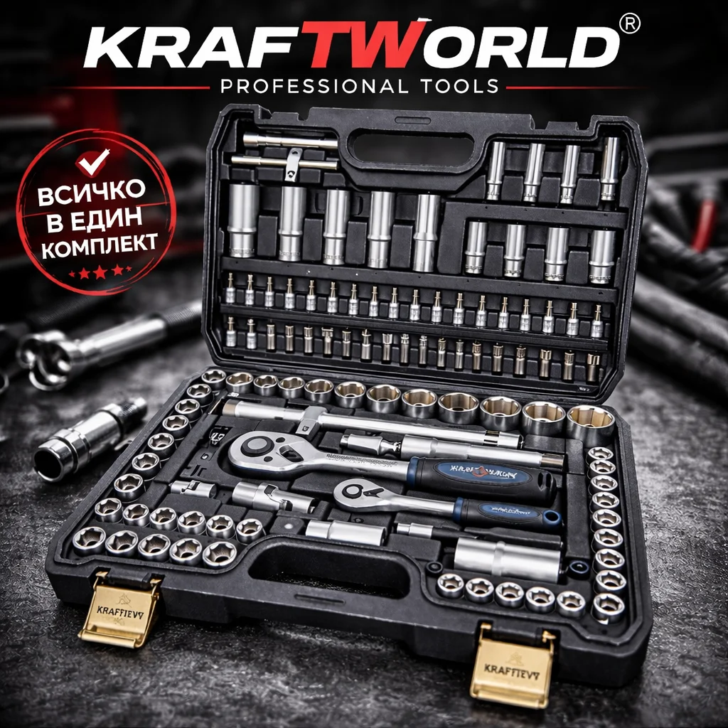 Професионално Гедоре 108 части KraftWorld – Cr-V стомана, здрав куфар с метални закопчалки