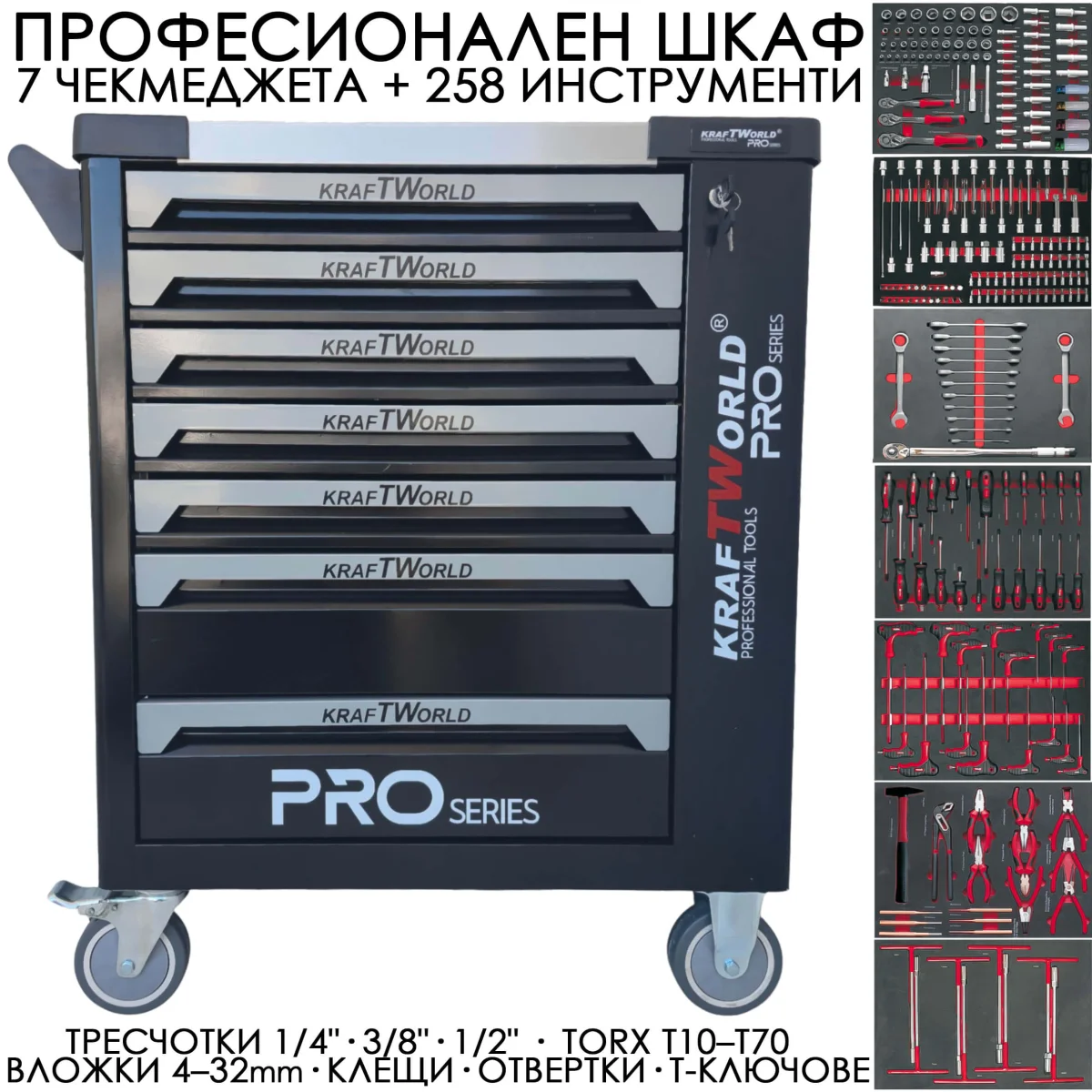 Професионален шкаф с инструменти KraftWorld PRO 258 инструмента 7 чекмеджета
