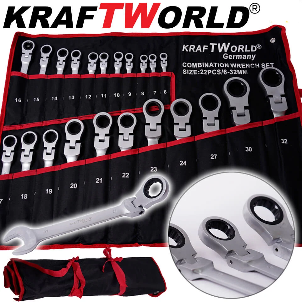 KraftWorld комплект тресчотни ключове 22 части 6-32 мм с чупещо рамо