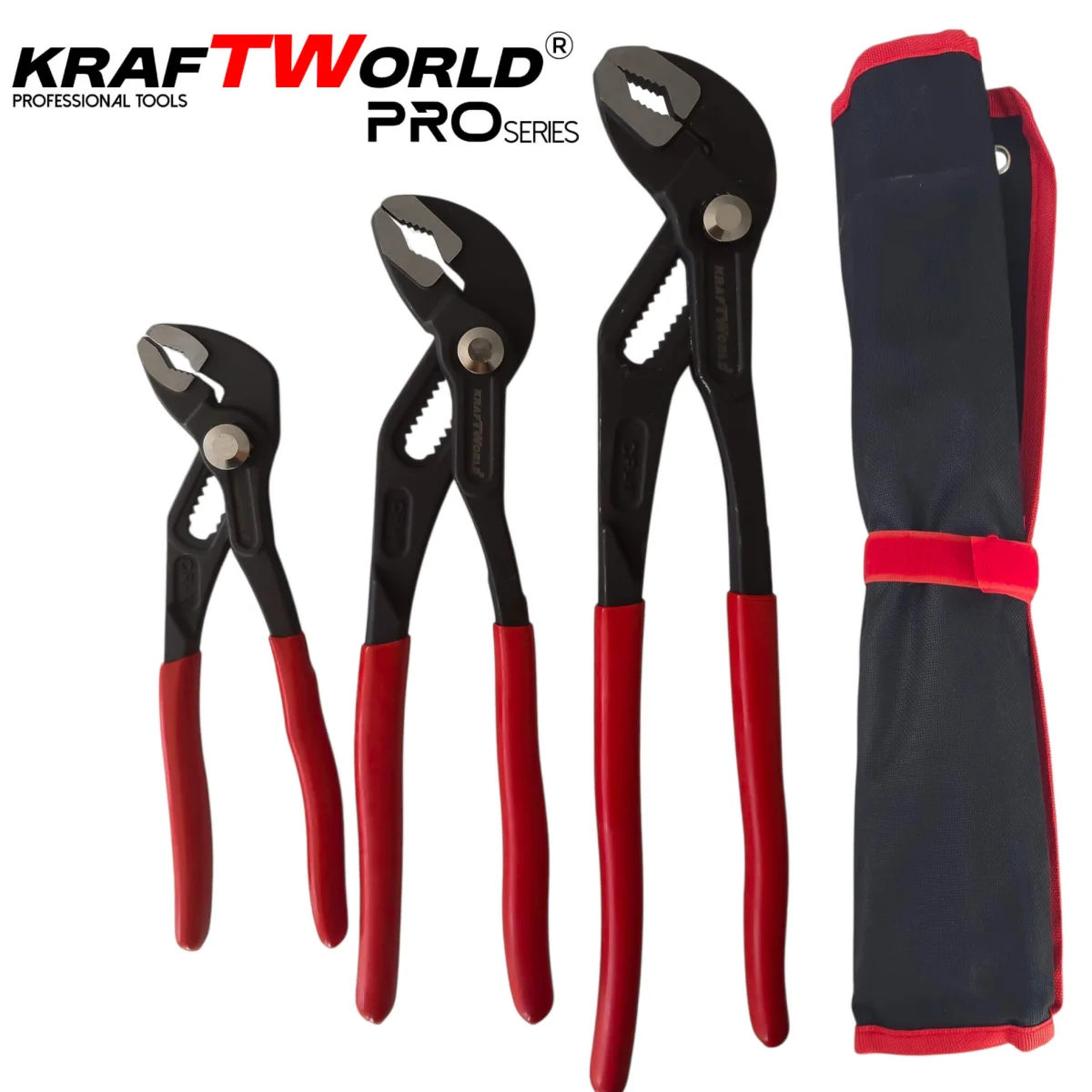 Комплект водопроводни клещи тип гарги KraftWorld PRO 3 части с калъф