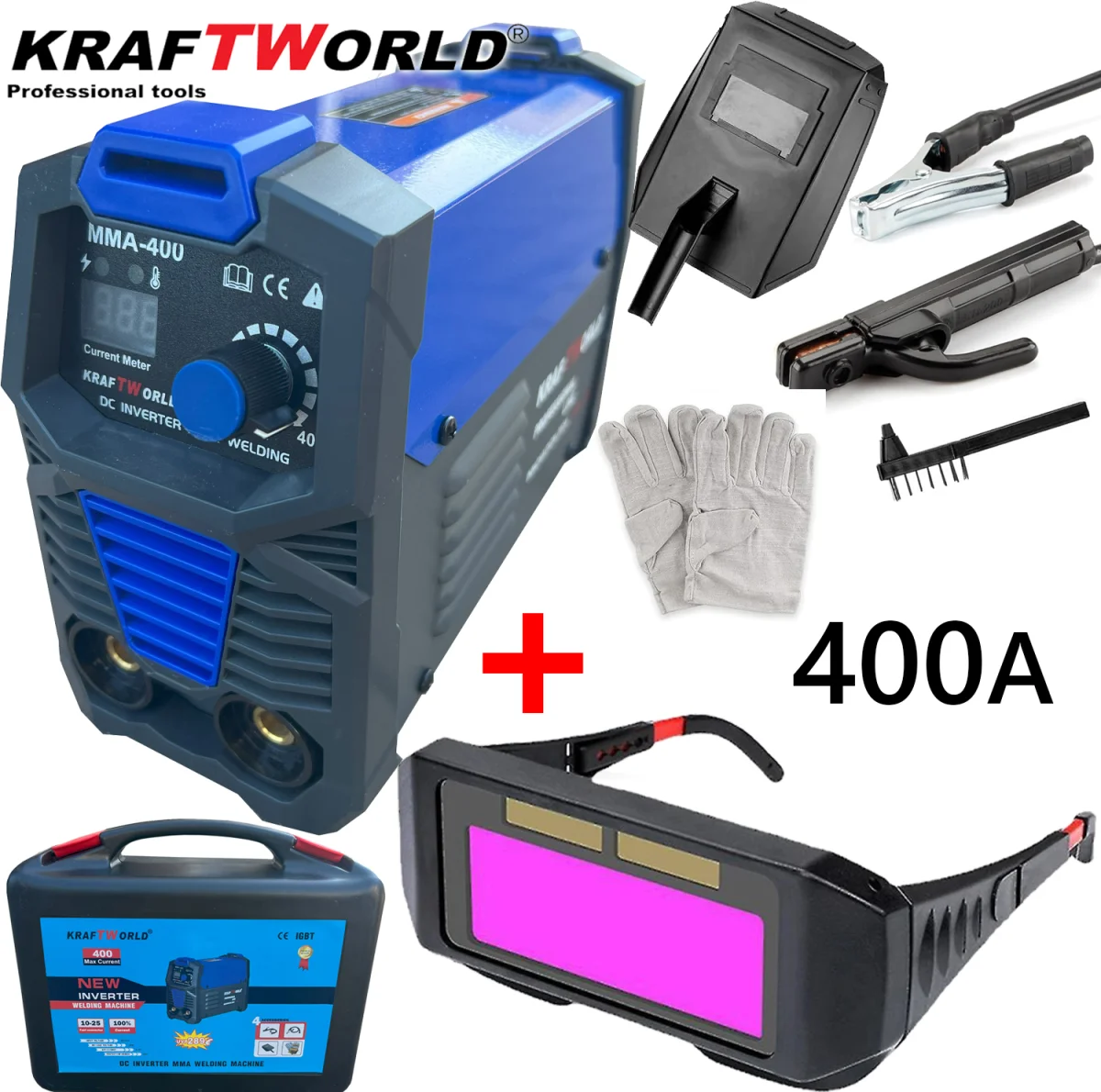 Инверторен Електрожен 400А KraftWorld + Соларни Очила – с Дисплей, Куфар, Кабели